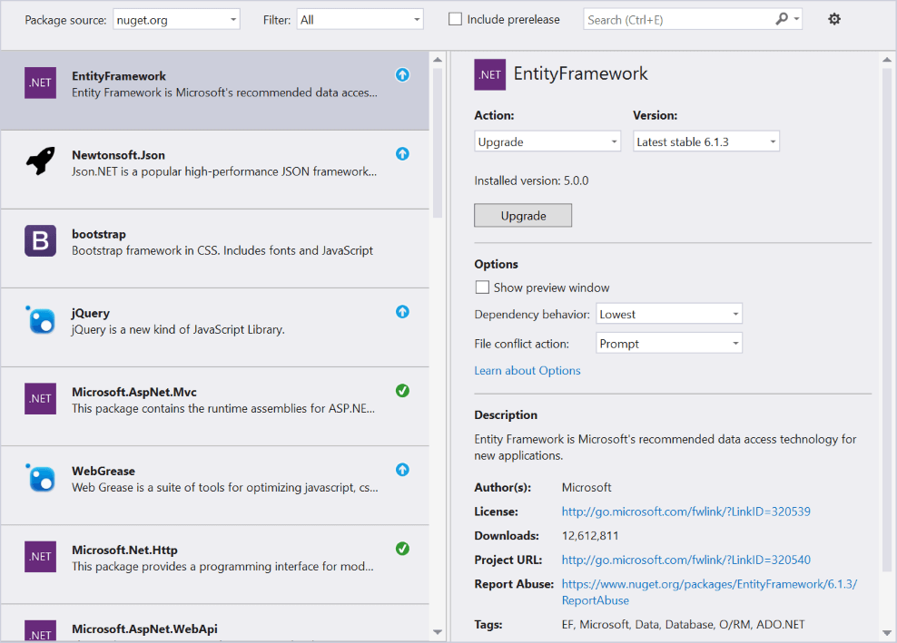 Manage NuGet Packages Dialog Window